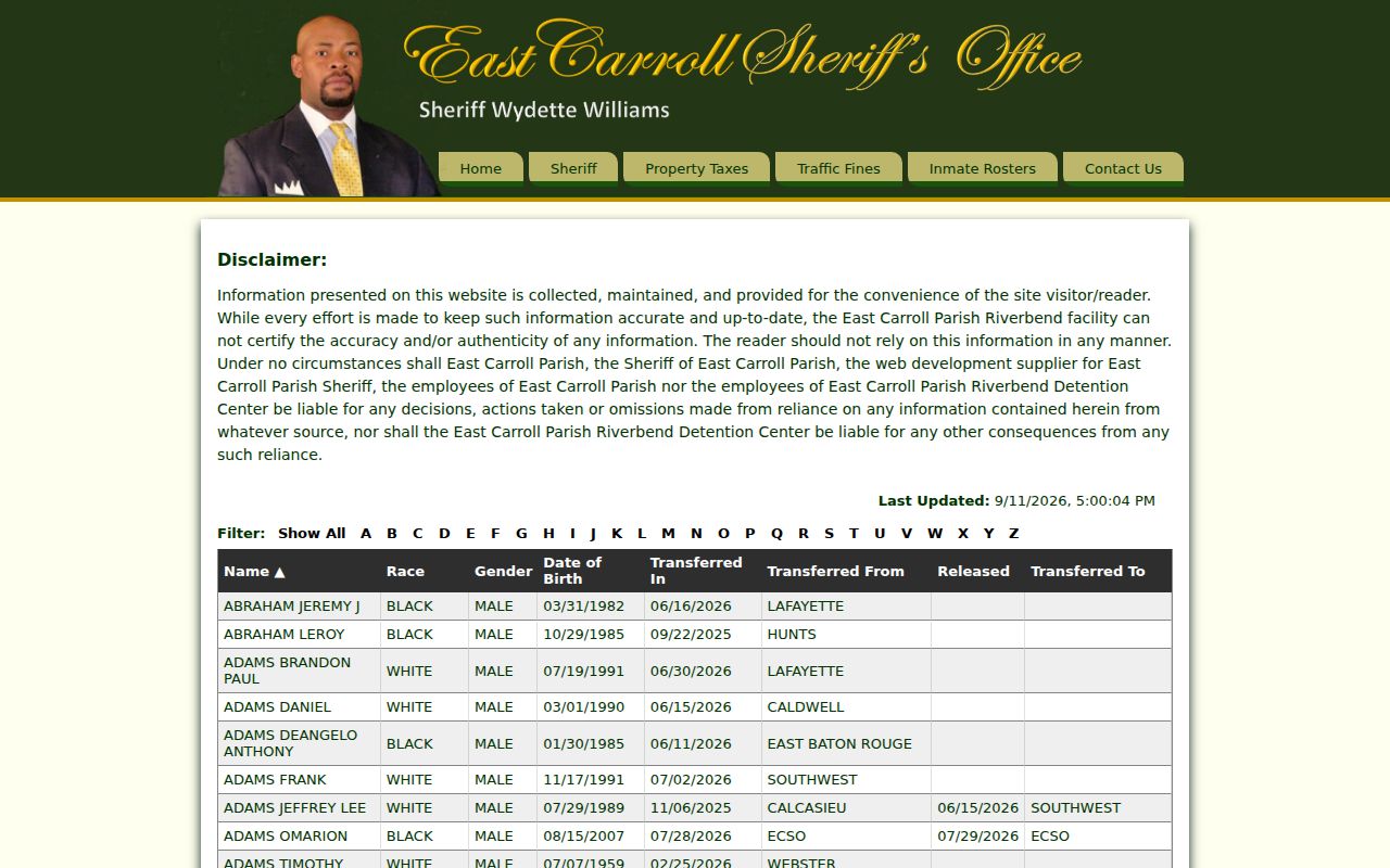 East Carroll Parish outstanding warrant check against the sheriff jail roster page