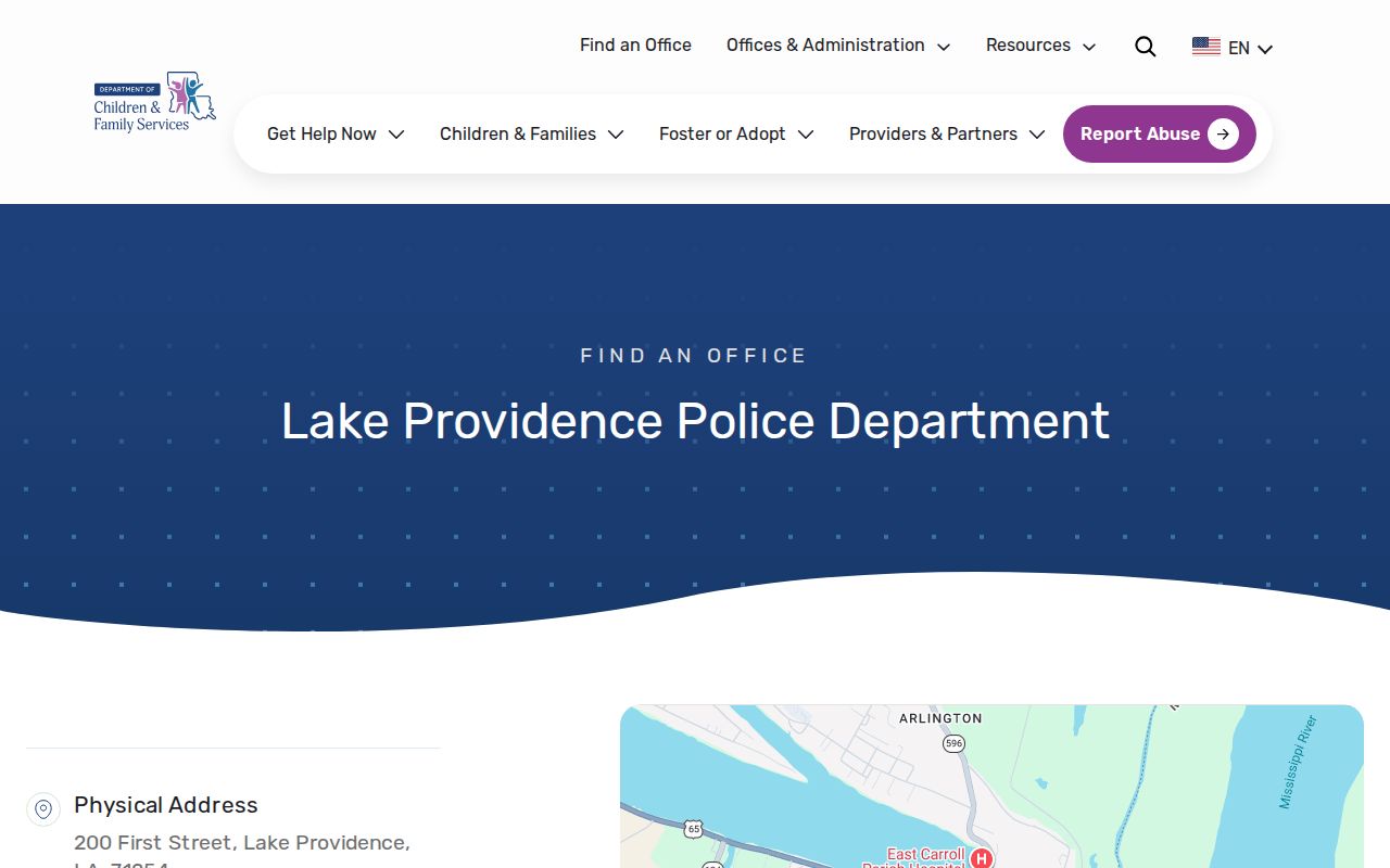 Lake Providence warrant records route shown on the official police department address, phone, and 911 contact card