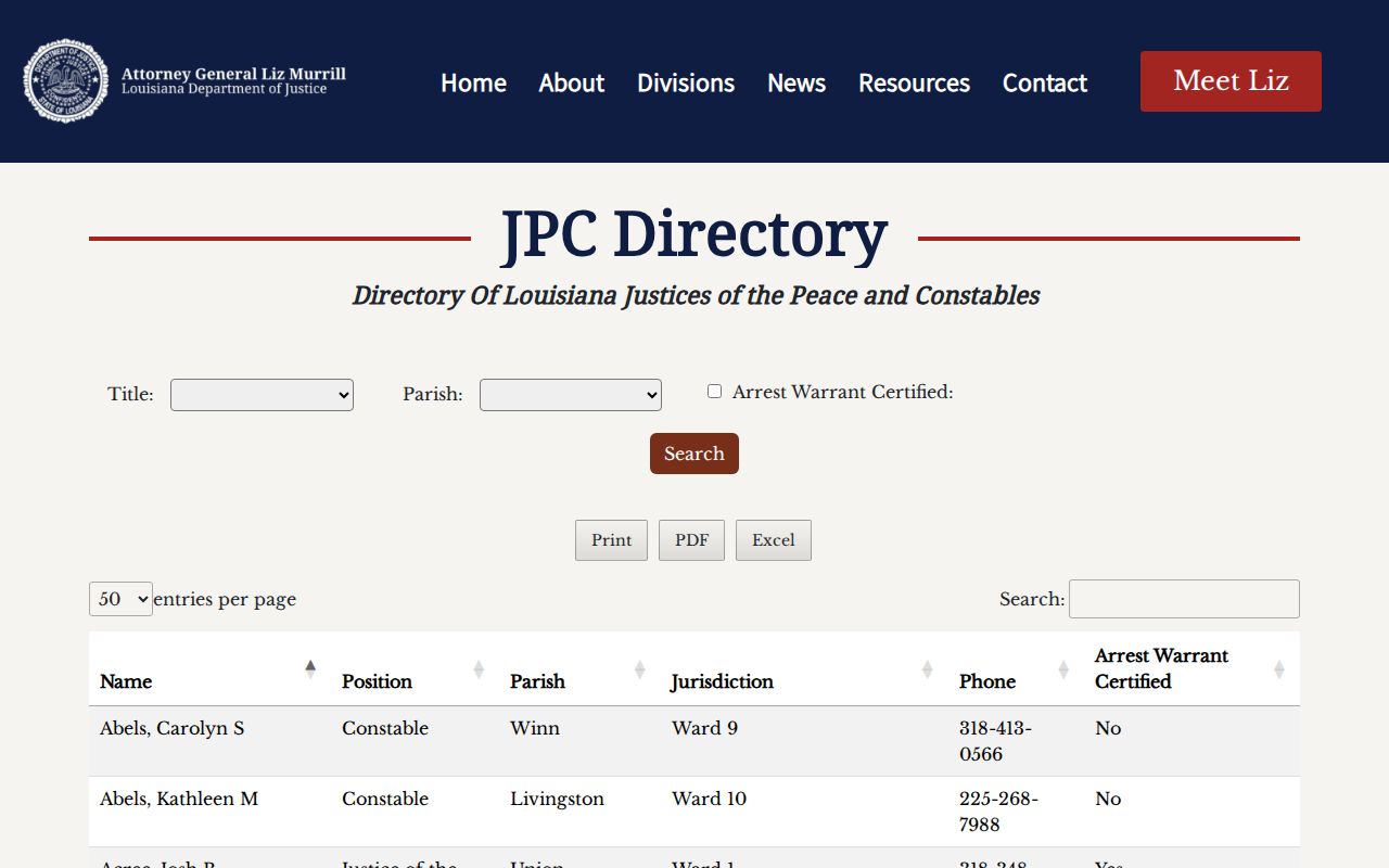 East Carroll Parish municipal warrant check shown on the state justice court directory search controls