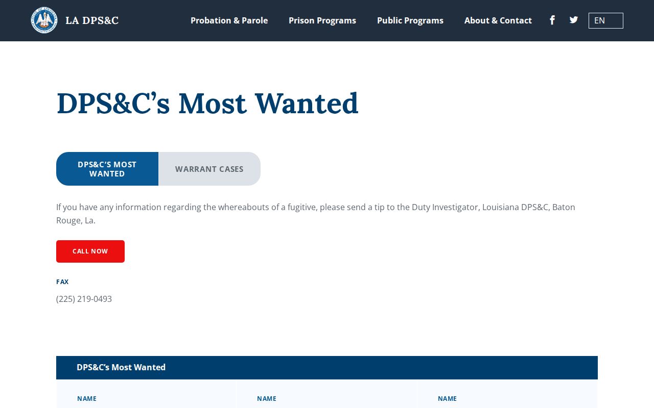 East Carroll Parish most wanted list guidance shown on the state most wanted program page