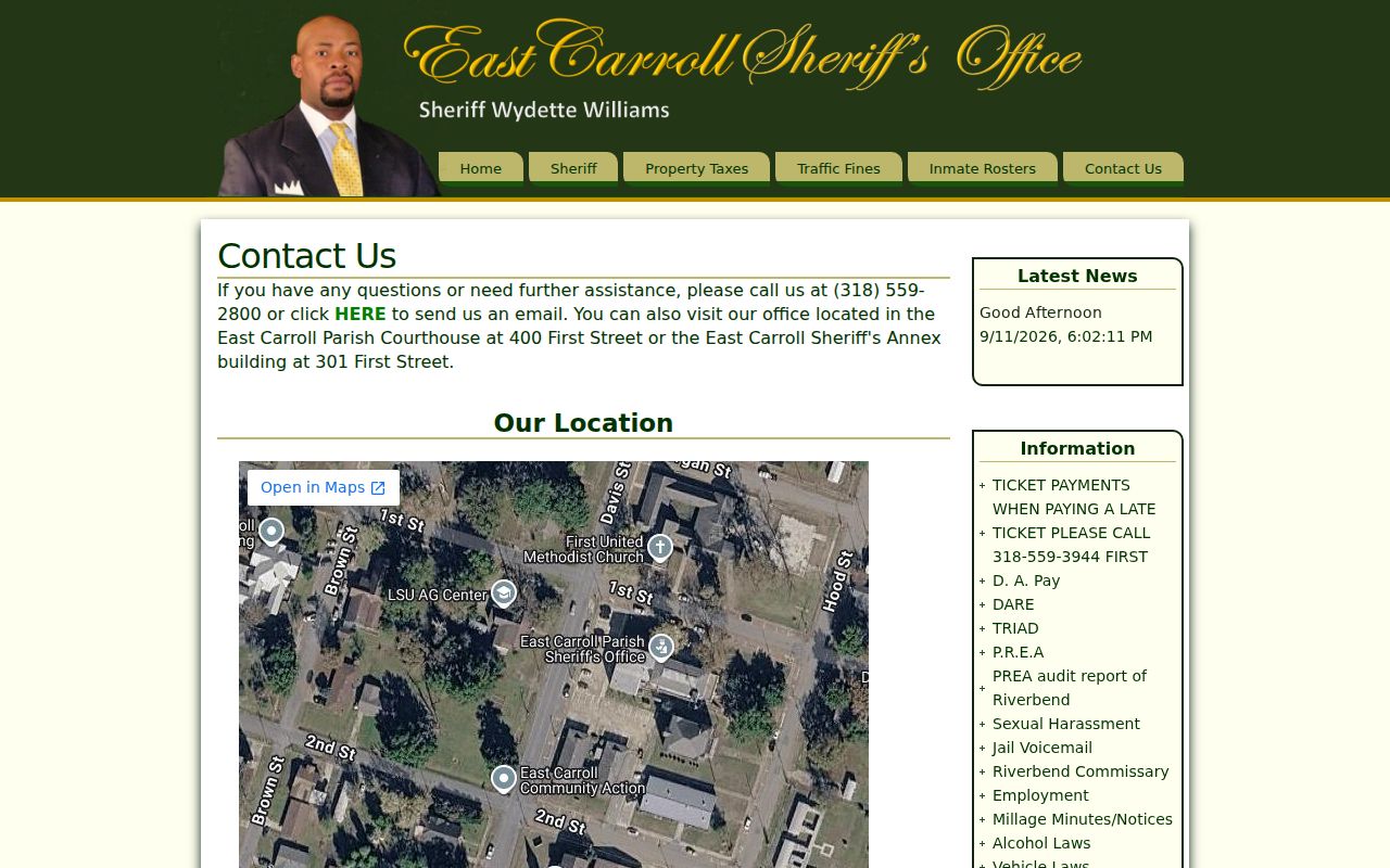 East Carroll Parish warrant check contacts on the Sheriff's Office contact page framed on the courthouse, Annex, Riverbend, and hours